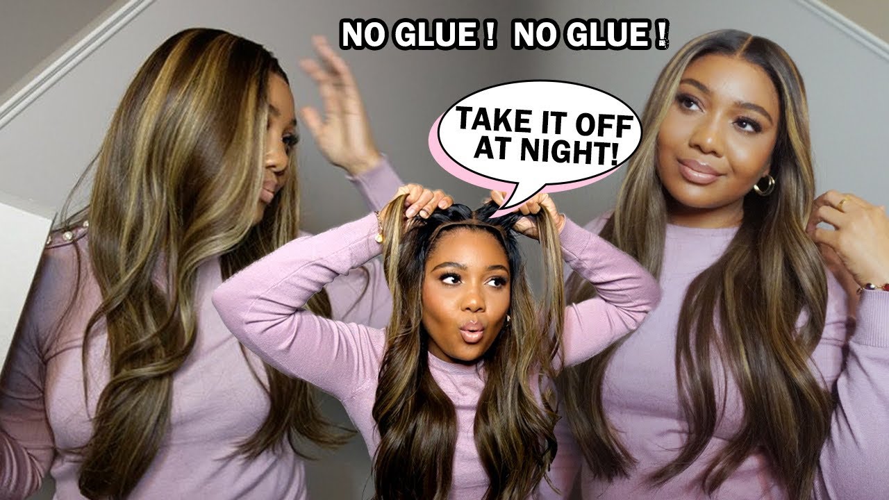 100% БЕЗ КЛЕЯ?! БЕЗ ПРОБЛЕМ! САМАЯ ПРОСТАЯ УКЛАДКА! НАСЫЩЕННО-КОРИЧНЕВЫЙ ПАРИК, БЛОНДОВОЕ МЕЛИРОВ...