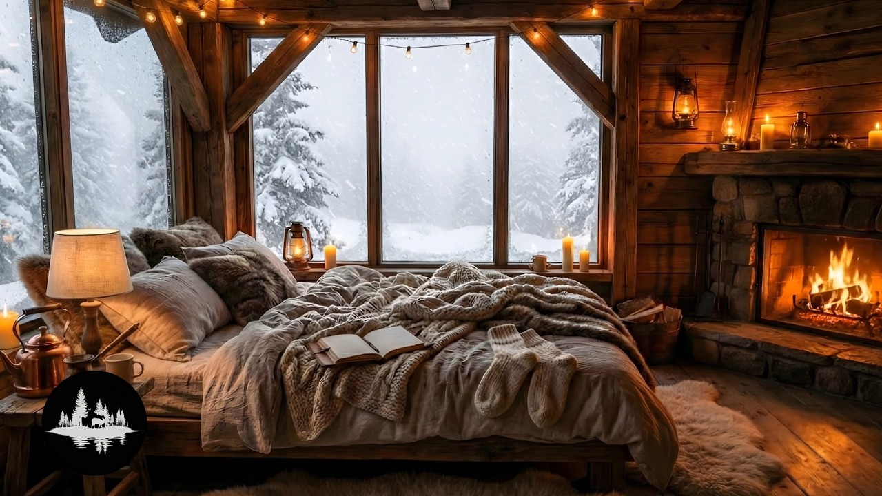 Cozy Winter Cabin Bedroom | Relaxing Snowstorm & Crackling Fireplace Sounds for Sleep