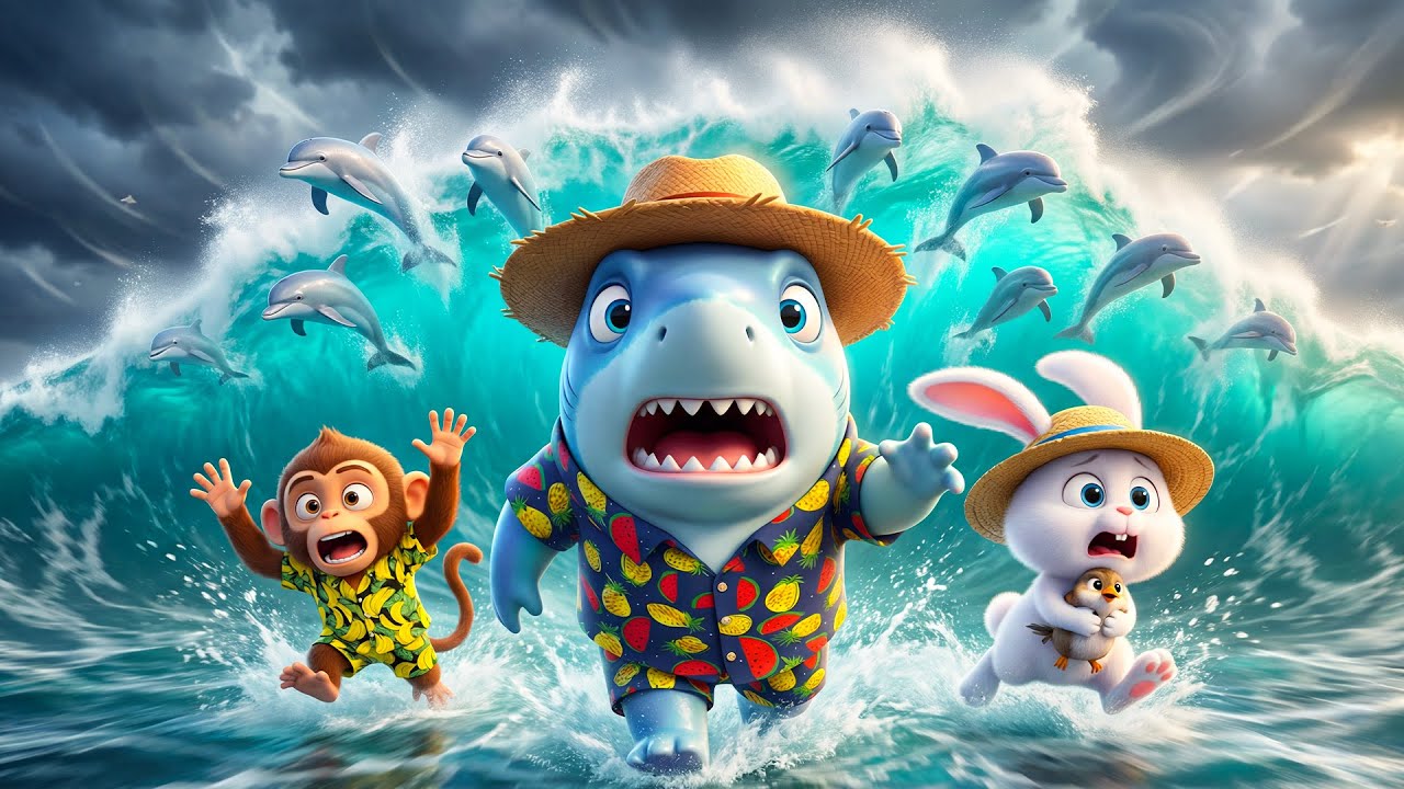 😱 Shark & Monkey Run from a Giant Wave! Bunny Swept into the Sea | Shark Farm Story
