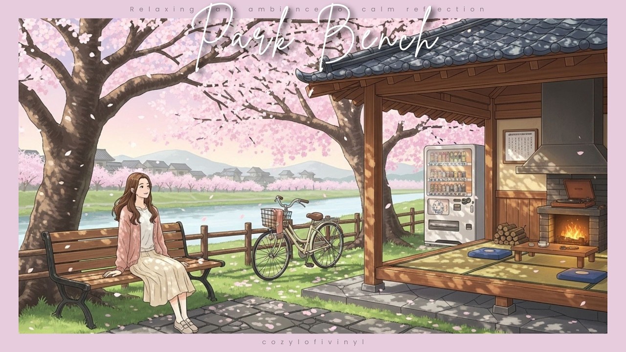 Pause on a park bench amid sakura petals | Relaxing park ambience for calm reflection 🌸