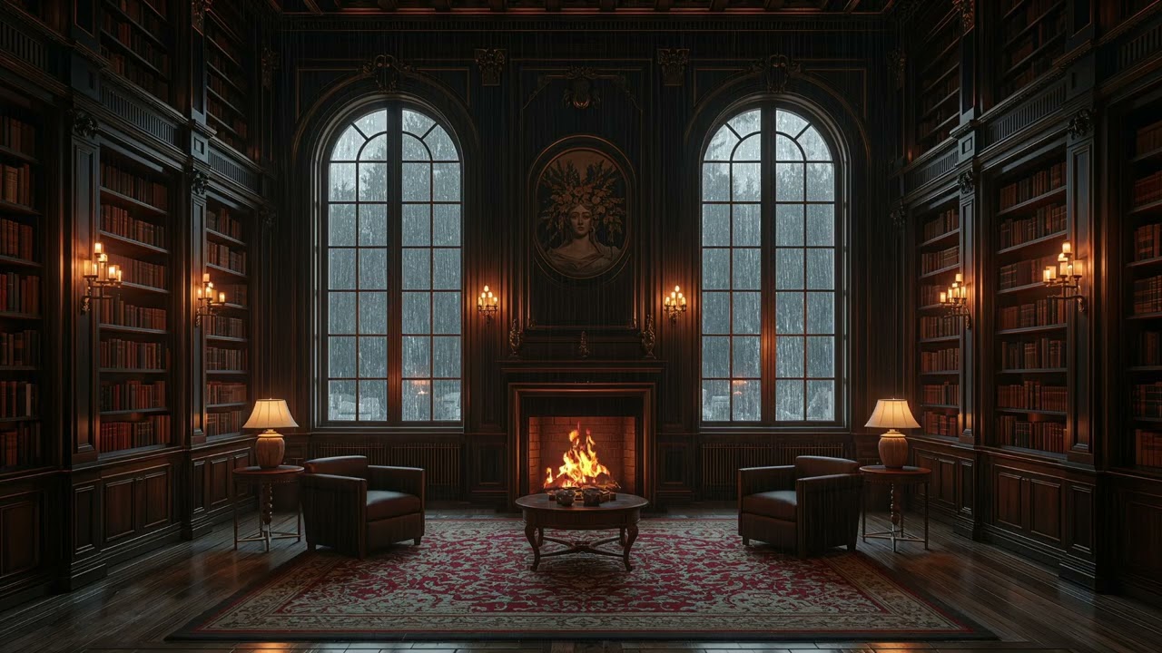 Rain on Arched Windows 🌧️& Crackling Fireplace Cozy Library Ambience for Sleep