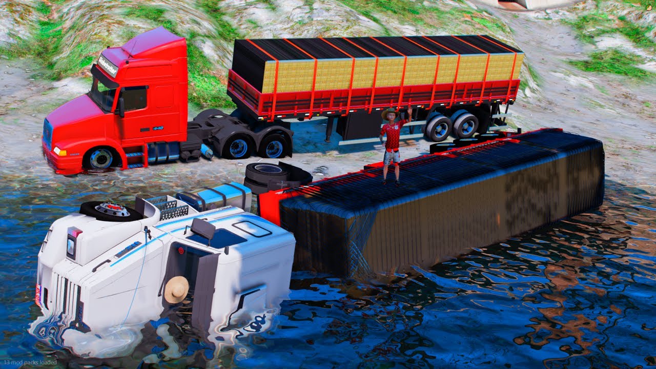 GTA 5 VIDA DE CAMIONEIRO: MEU AMIGO TOMBOU O CAMINHÃO ATRAVESSANDO UM RIO CARREGADO