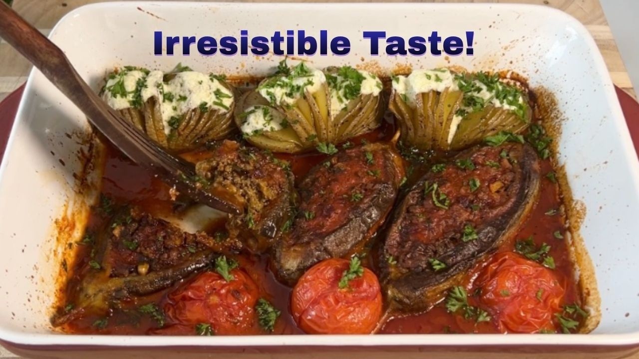 Juicy Stuffed Eggplants with Hasselback Potatoes; Irresistible Taste!