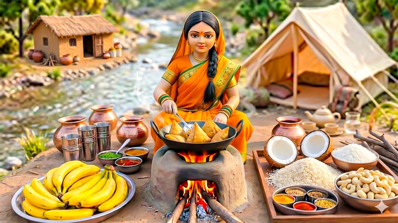 Miniature Doll Makes Banana Coconut Filling Fritters ASMR | Indian Village Tiny Kitchen Story