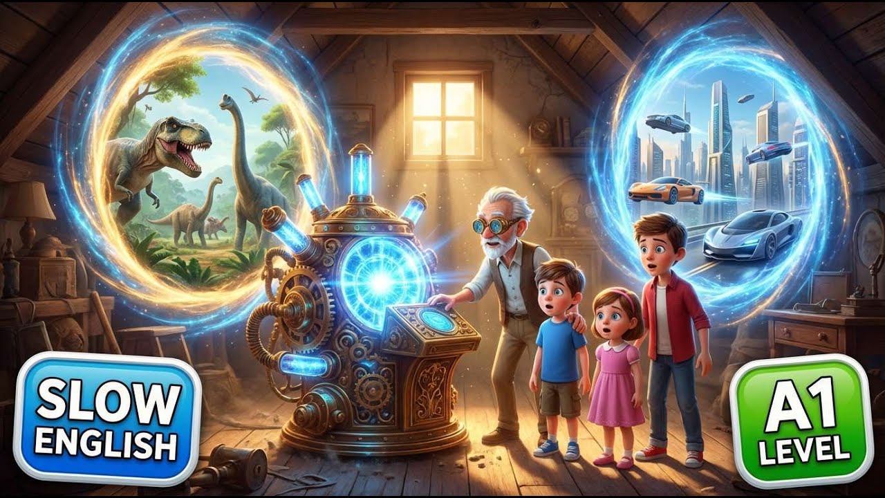 Grandpa's Secret Time Machine! ⏰🦖 Travel to Dinosaurs & Future | Slow English Story (A1 Level)