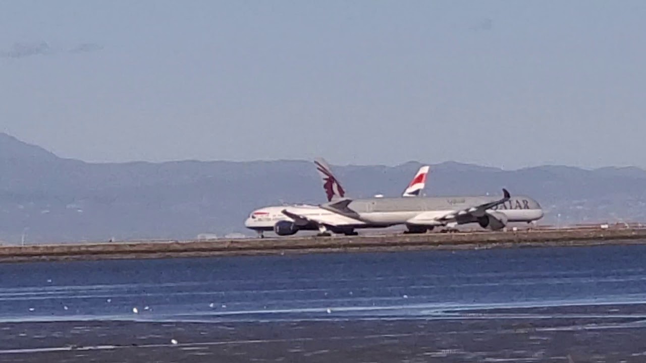 British and Qatar airways takingoff at San Francisco SFO (BA286 and QR738 to London and Doha)