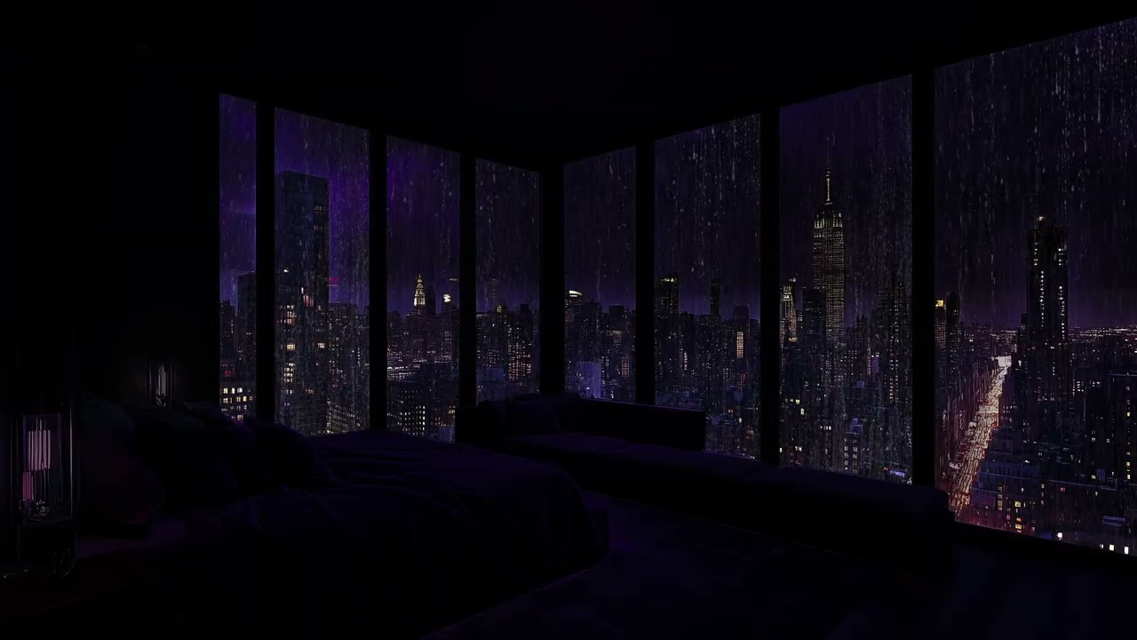 10 Hours Rain Sounds in a Dark Luxury NYC Bedroom Relaxing Ambience for Deep Sleep - White Noise