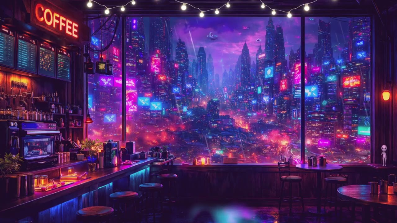 Rainy Cyberpunk Night Coffee Shop ☕🌧️ Sleep & Relaxation Ambience • 12 Hours