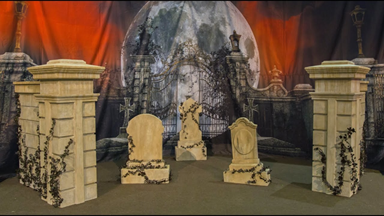 Halloween Cemetery Entrance Columns & Walls | Graveyard Props | Anime Expo Cosplay Photo Set
