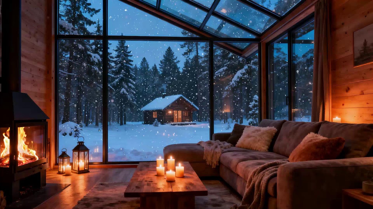 Urban Evening Under Falling Snow 🔥 Fireplace Warmth and Blue Calm