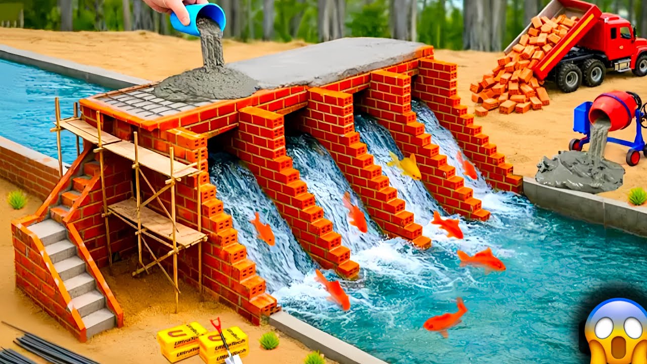 DIY Mini Tractor Builds Brick Flood Dam with 4 Spillway Gates | Incredible Science Project 