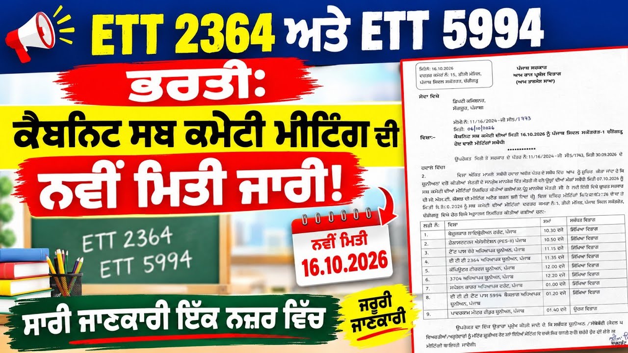 ETT 2364 & 5994 Backlog Recruitment Update Today | Punjab Govt Official Letter | Meeting 16 Oct