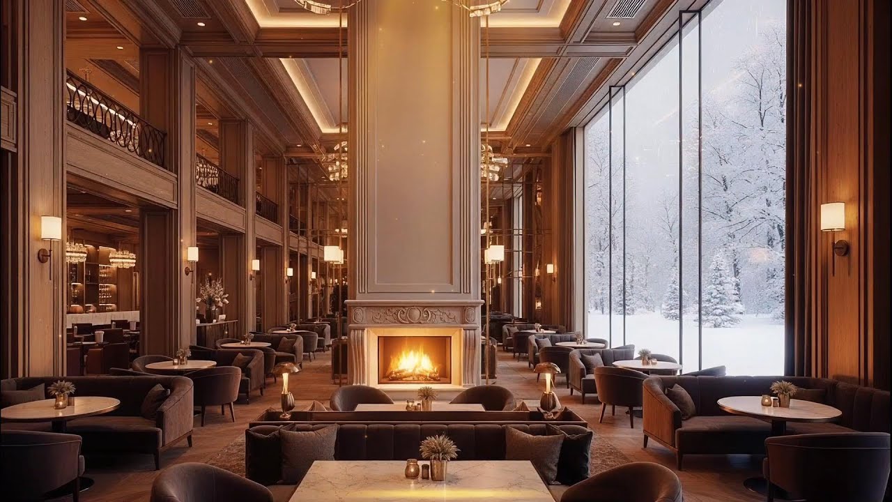 Cozy Winter Coffee Shop Ambience with Warm Jazz Music & Crackling Fireplace to Relaxing, Work, Study