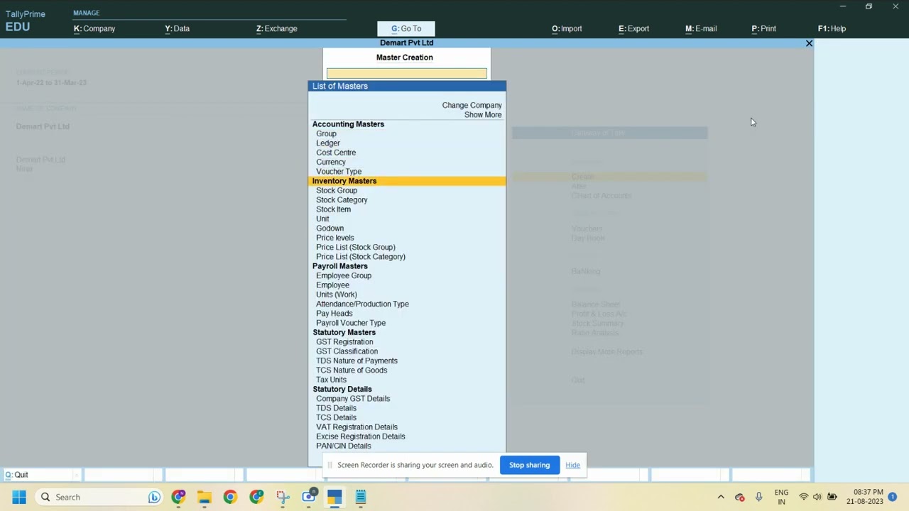 Tally company creation, Stock creation, Ledger creation - Step by Step