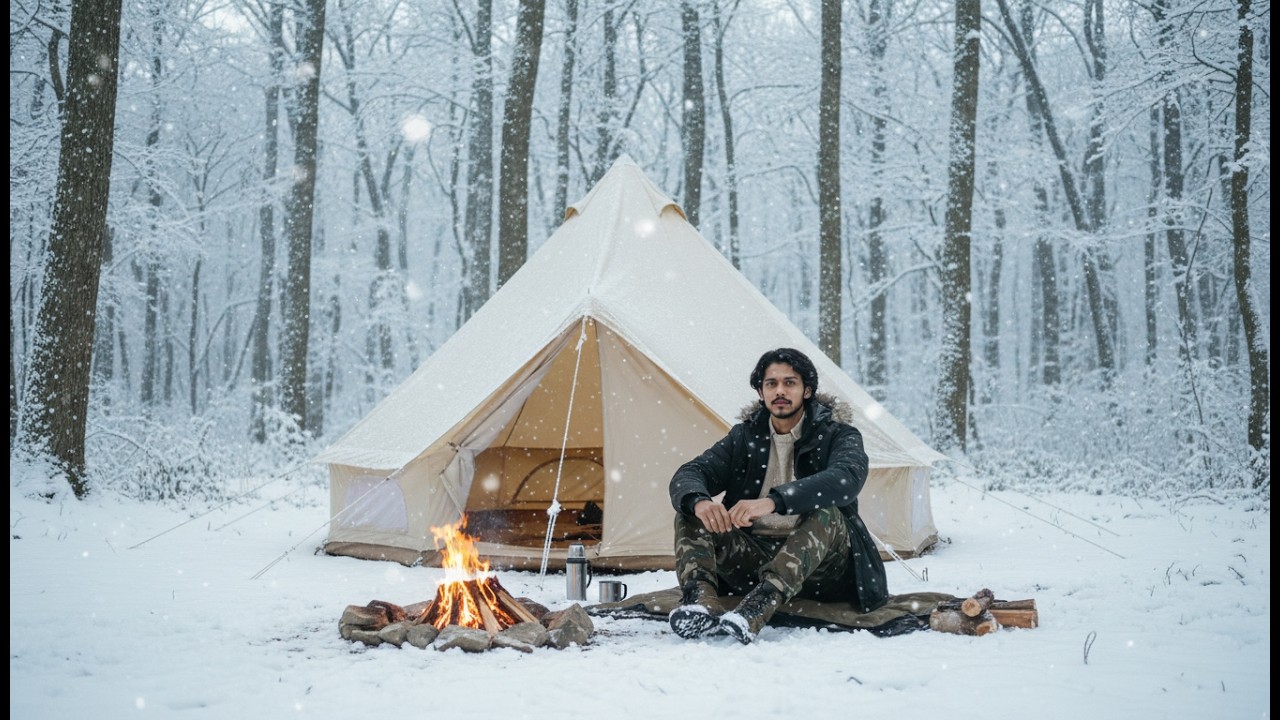 The Most Relaxing 5 Minutes of Your Life | Falling Snow & Cozy Fire ASMR  #SoloCamping #WinterVibes