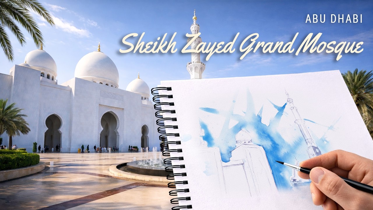 POV Sketch #021 — Sheikh Zayed Grand Mosque, Abu Dhabi | A Place That Slows You Down