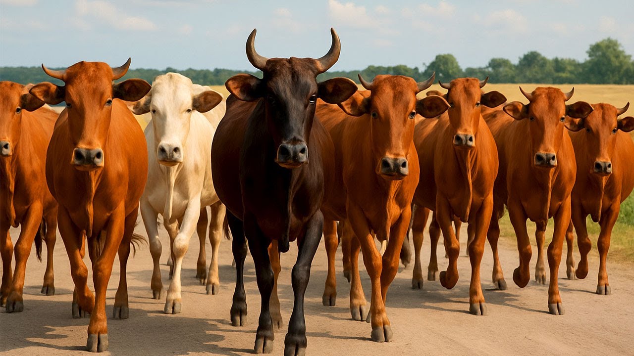 Kerumunan Sapi Lucu Berjalan menuju Ladang rumput, Suara Sapi Moo, Sapi Makan rumput Di Ladang Hijau