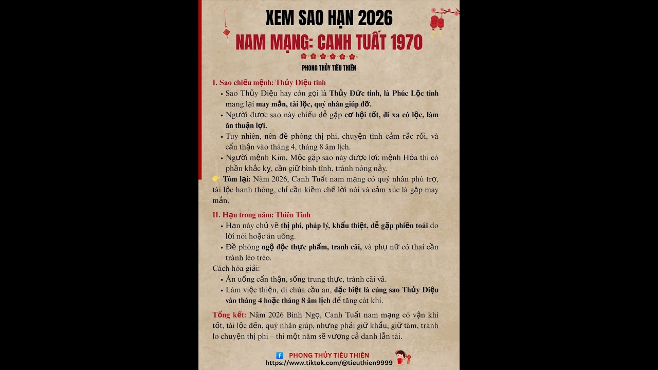 Xem sao hạn 2026 B&iacute;nh Ngọ: Nam mạng - Canh Tuất 1970#tuvi #phongthuy  #canhtuất1970 #tuvi2026