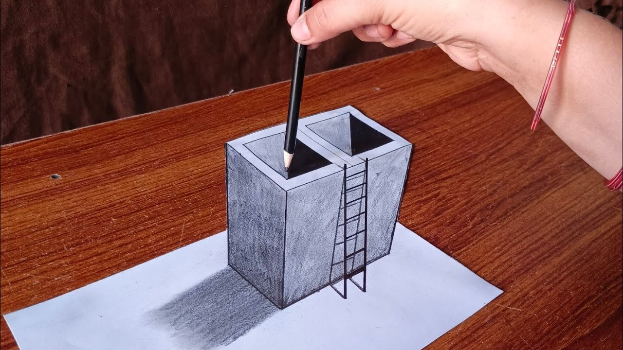 3d drawing hole and stairs on paper for beginners - How to draw 3d