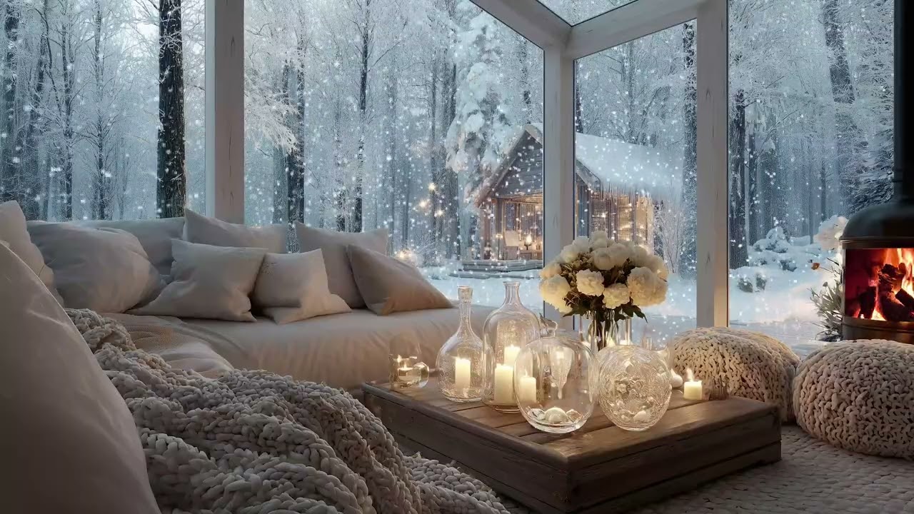 ❄️🎹 Serene Winter Lounge | Relaxing Piano & Snowy Window Ambience (4 Hours) | Sleep & Stress Relief