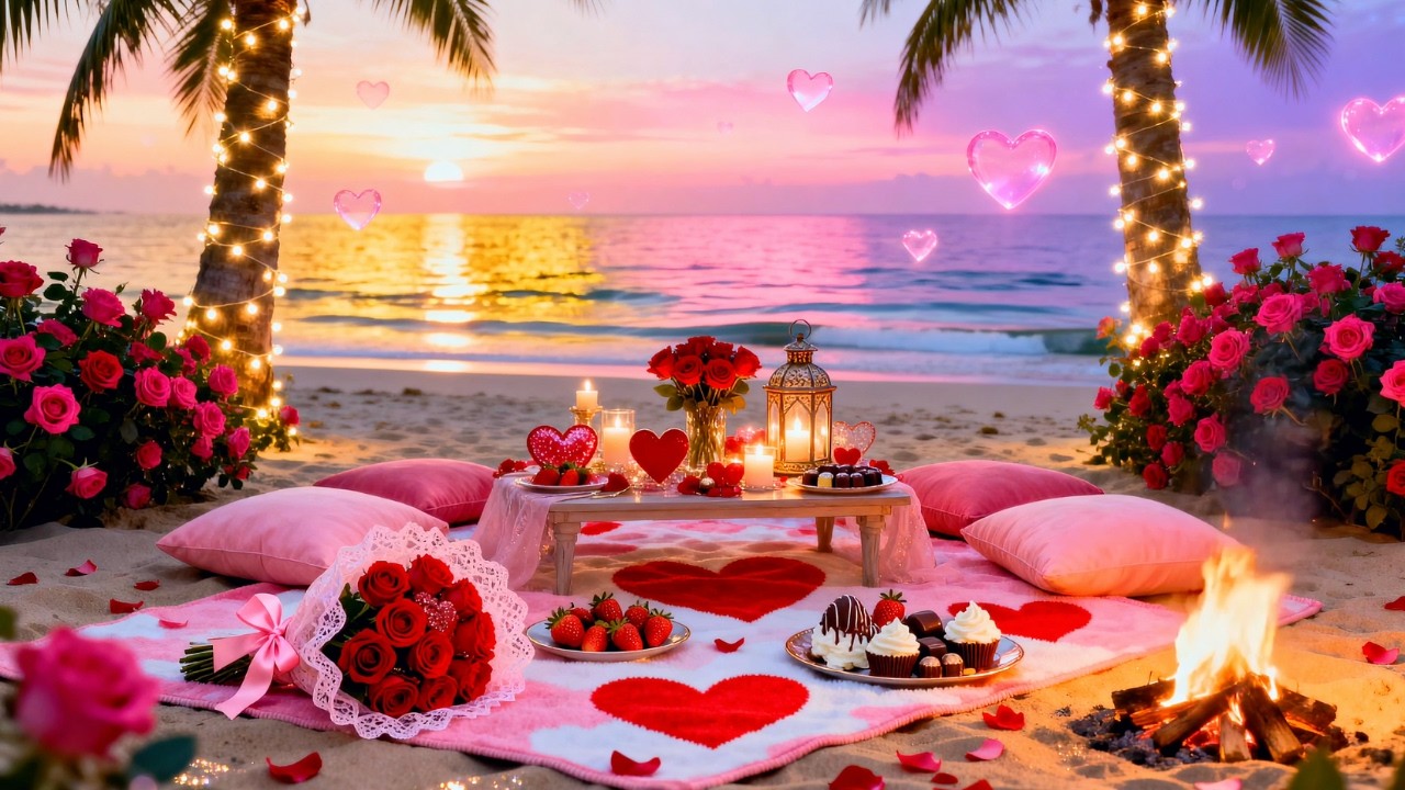Romantic Valentine’s Beach Ambience 💘🌊 Ocean Waves, Crackling Fire & Chill Love Music
