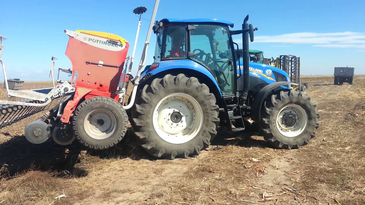 New Holland T5.95 + Pottinger Vitasem 402. Semanat grau