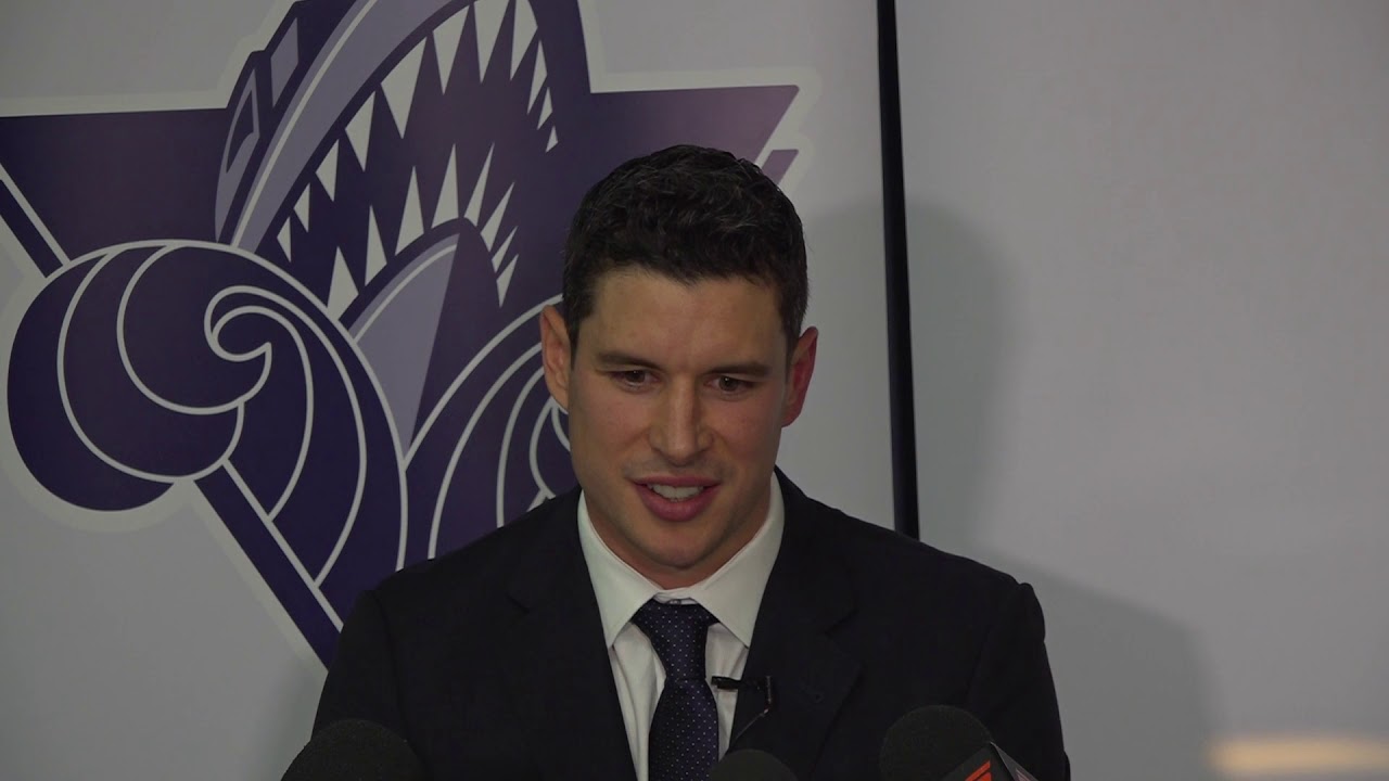 Sidney Crosby talks to the media before his jersey retirement in Rimouski