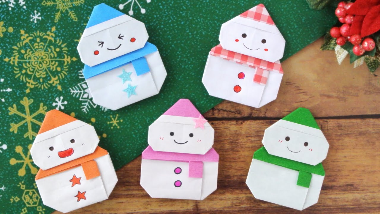 折り紙  1枚で帽子とマフラー付き雪だるま [Origami]Snowman with hat and scarf(using only 1 sheet)
