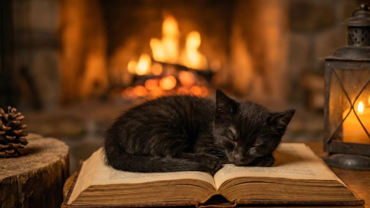 Instant Calm in 30 Seconds | Black Kitten Sleeping by Cozy Fireplace.
