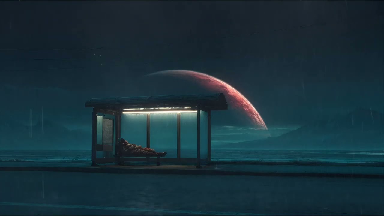 Lonely Sci-Fi Rain 4K Live Wallpaper (1 Hour) | Cosmic Night Bus Stop Background