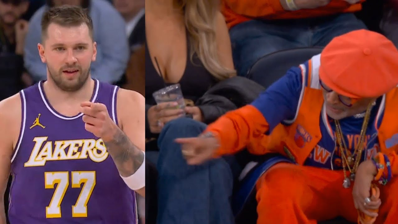 Luka Doncic points and talks to Spike Lee after hitting crazy 3 vs Knicks 😂