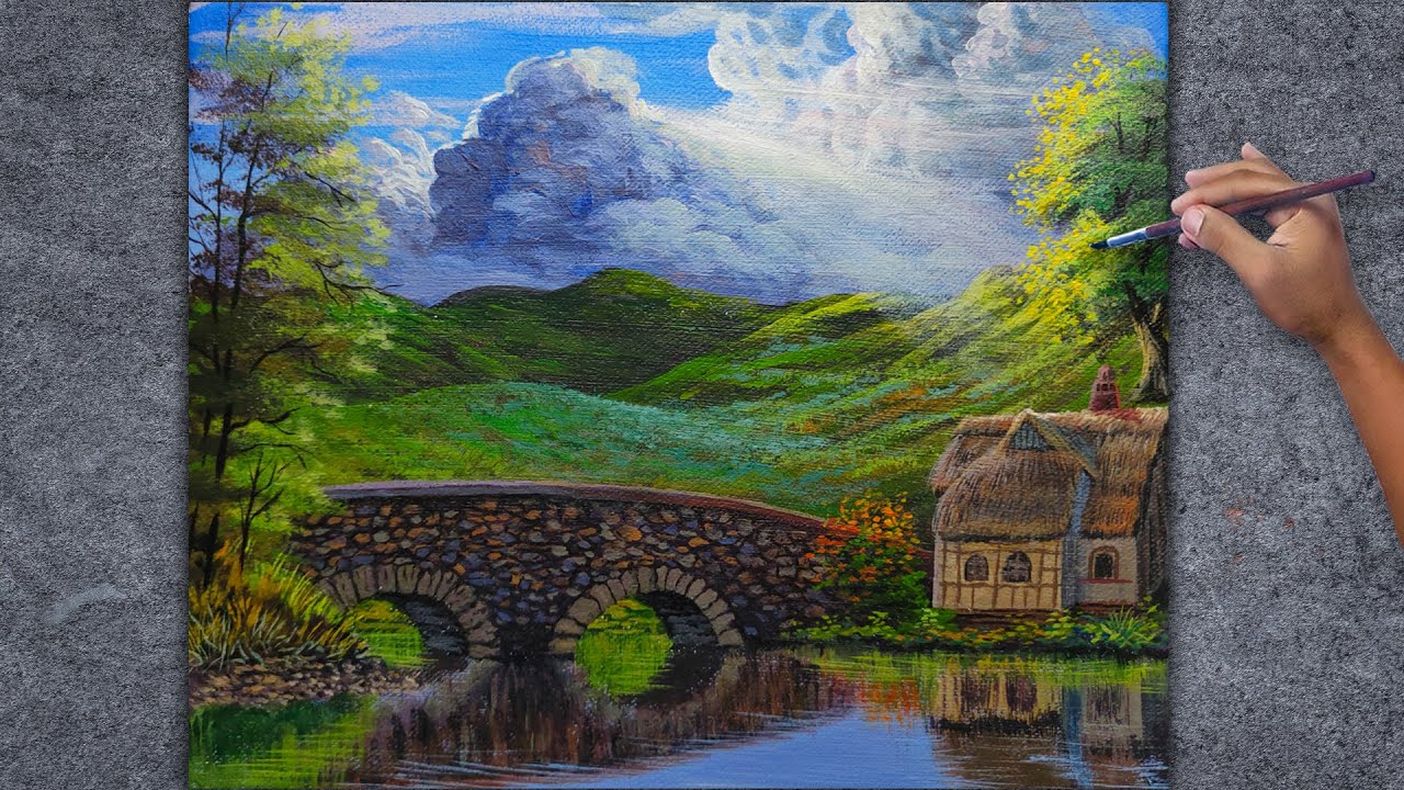 Easy Acrylic Landscape Painting Time-lapse / Stone Bridge Over Water / Fine Art Techniques