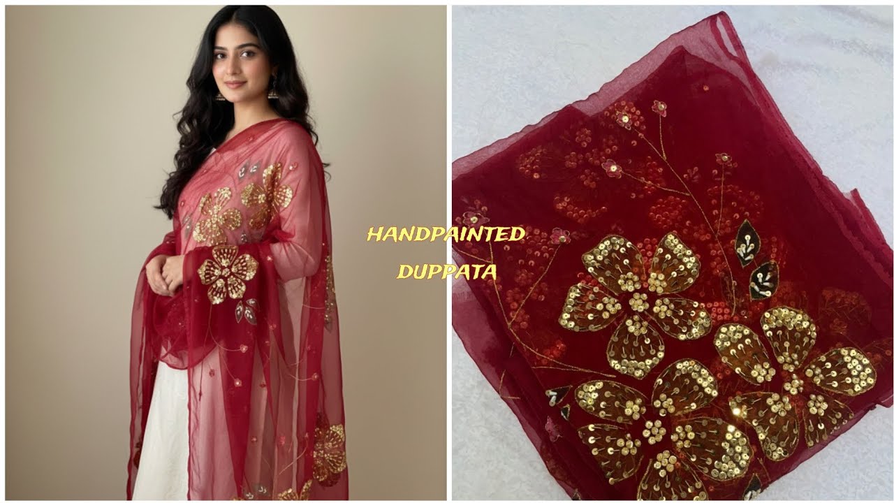 From White to Mehroon ✨ Hand-Painted Organza Dupatta | Designer Replica with Heavy Embellishment