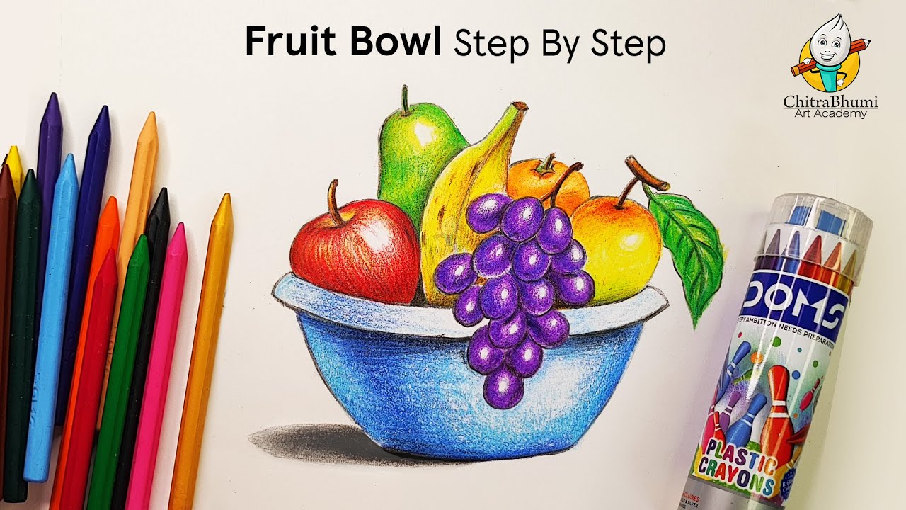 Fruit Basket Realistic Drawing with Doms Plastic Crayons 12 Shades Step By Step for Beginners