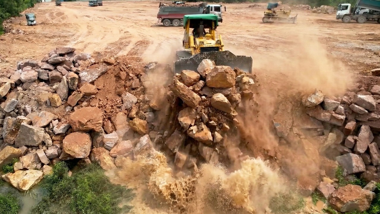 Perfect Technique Machinery Work Moving Massive Huge Stones Filling in Lowland Area