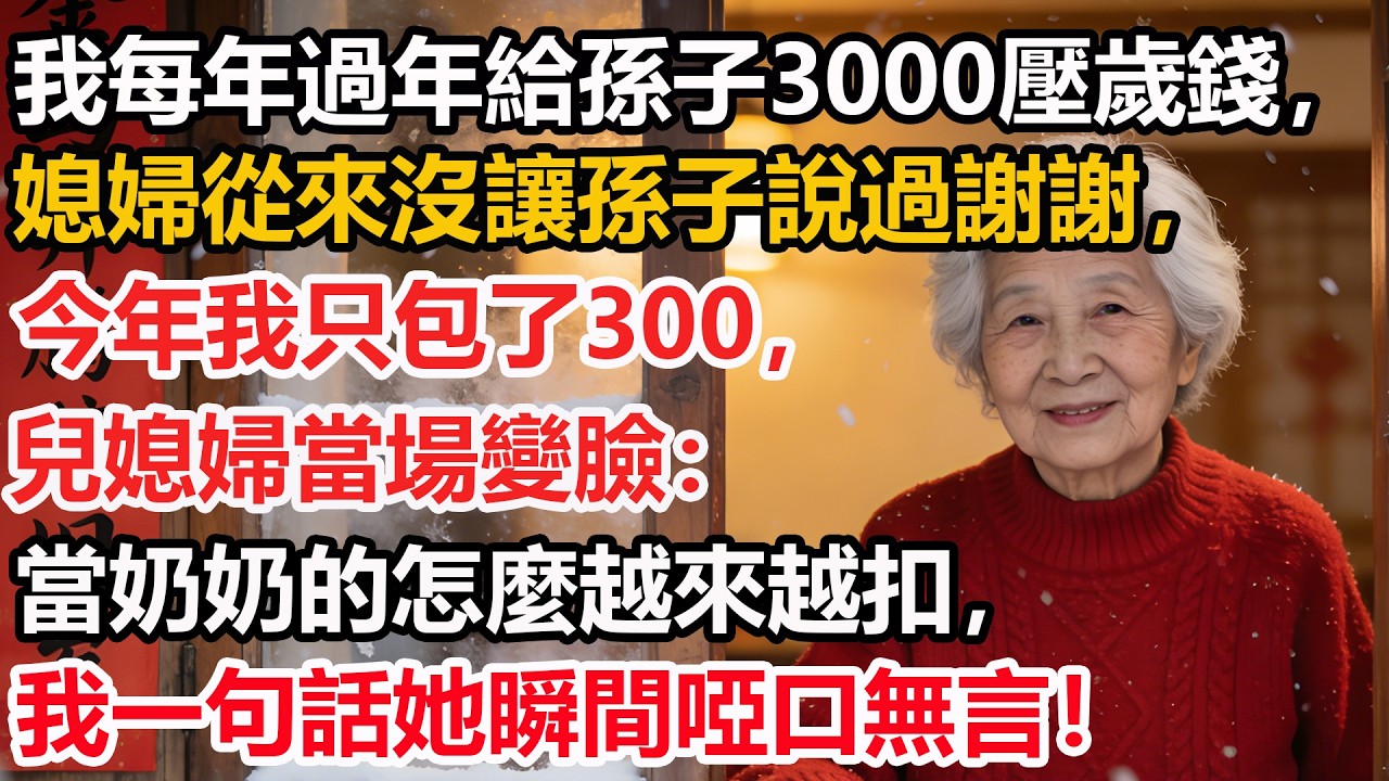 我每年過年給孫子3000壓歲錢，媳婦從來沒讓孫子說過謝謝，今年我只包了300，兒媳婦當場變臉：當奶奶的怎麼越來越扣，我一句話她瞬間啞口無言！