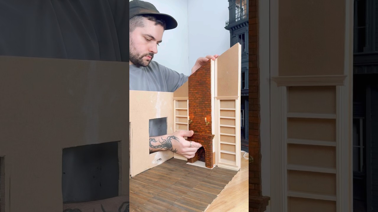DIY brick fireplace, built-ins, and flooring | Building a miniature house