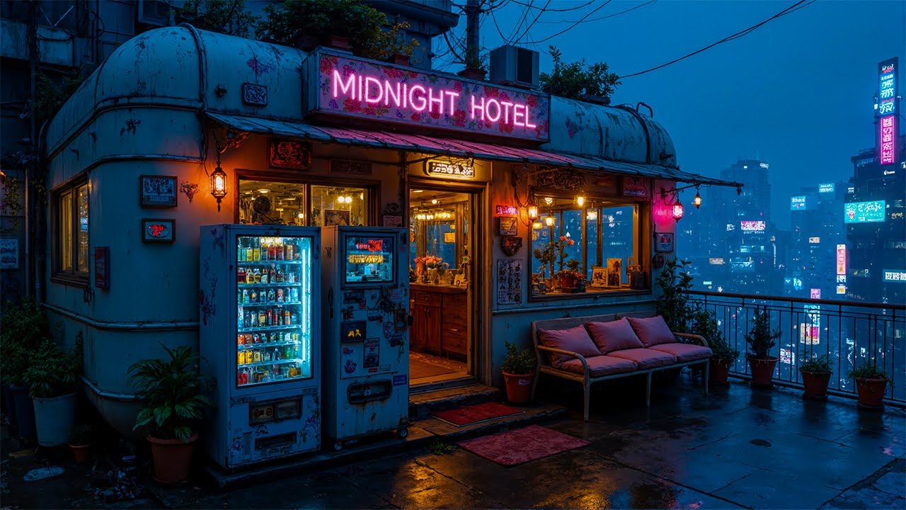 Midnight Neon Hotel | Cozy Cyberpunk Night Ambience, Rain & Futuristic City Lights | 4K