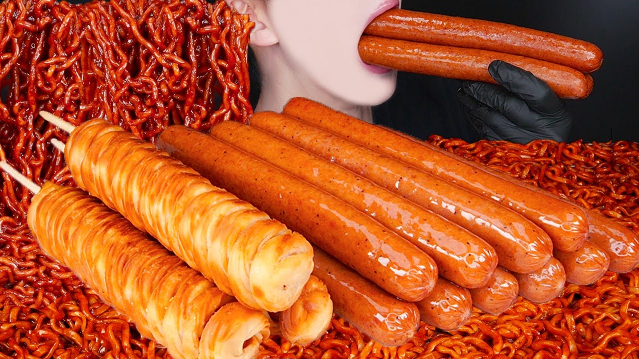 ASMR SAUSAGE CHEESE BLACK BEAN NOODLES CORN DOGS COOKING MUKBANG 먹방 ソーセージ チャパゲティ 咀嚼音 EATING SOUNDS