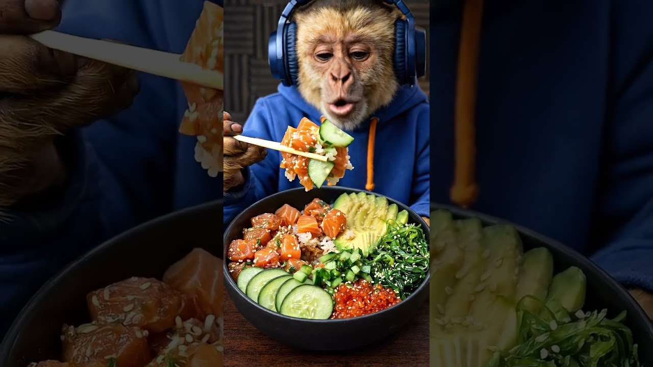 ASMR 🐵 Monito Probando POKE BOWL de SALMÓN 🍣🥗 | 