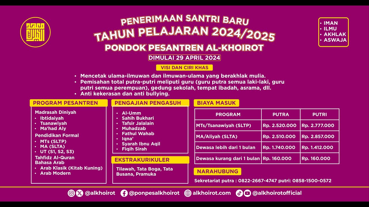 Pendaftaran Penerimaan Santri Putri 2024-2025 | Pondok Putri Al-Khoirot