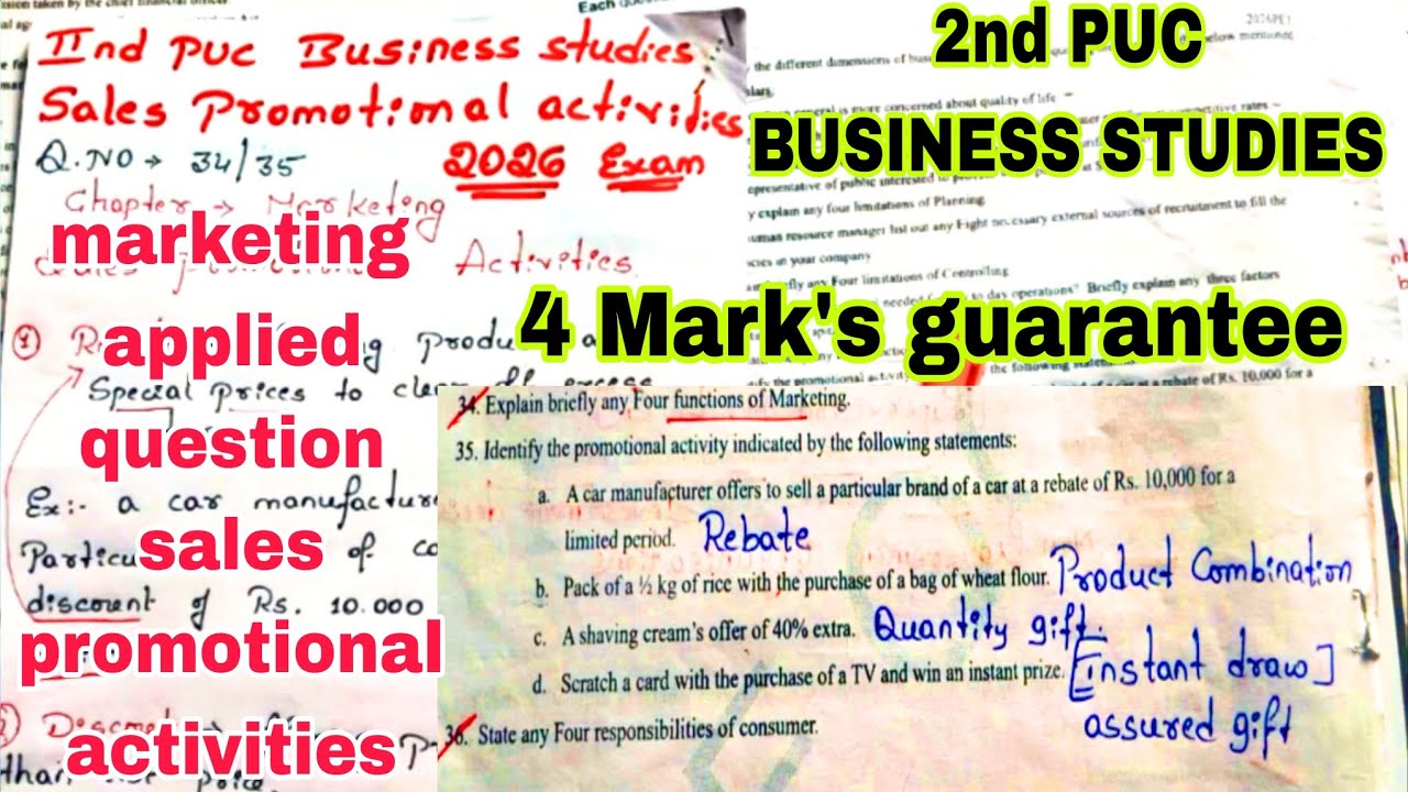 2nd PUC BUSINESS STUDIES 🔥 sales promotional activities 2026 ANNUAL EXAM 4 Mark's guarantee question