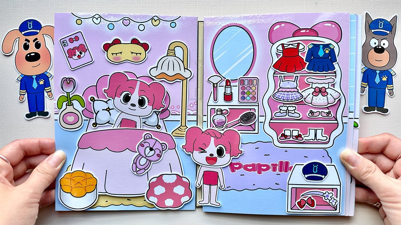 [✨Paper DIY✨] Sổ b&oacute;c d&aacute;n nh&agrave; cảnh s&aacute;t hồng Papillon - Cảnh s&aacute;t trưởng Labrador