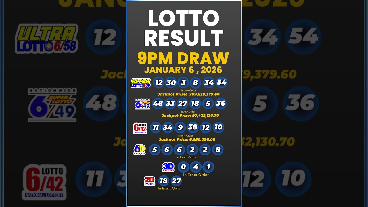 9pm PCSO Lotto Result Today 6/58, 6/49, 6/42, 6D, 3D, 2D | January 6, 2026 