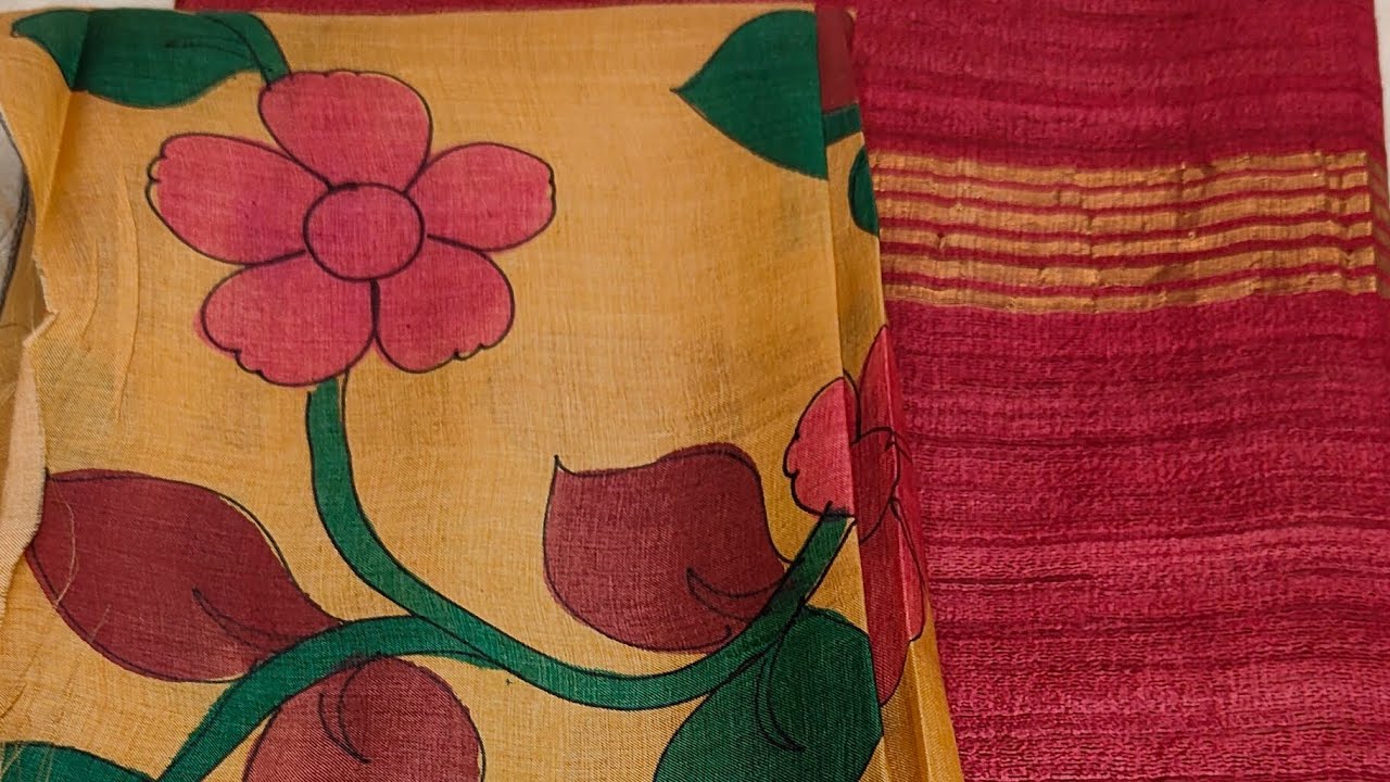 Pure Tussar silk ,Hand painted Blouse pieces with pure Gicha silk sarees. Booking no: 9831903694 .