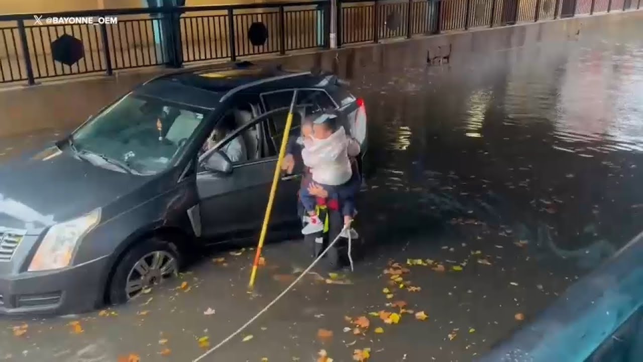 Numerous cars stuck in flooded roadways in Bayonne, NJ