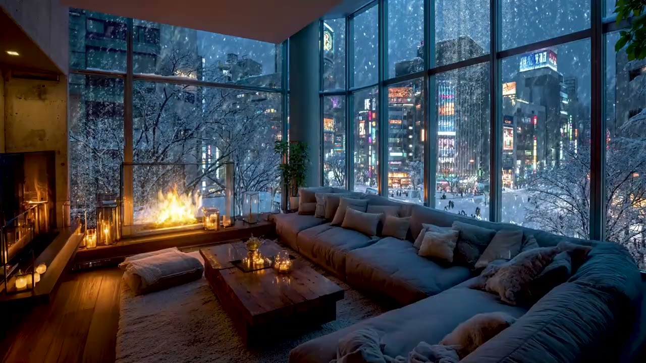 Snow falling over city lights | silent winter ambience for deep sleep relaxation quiet night