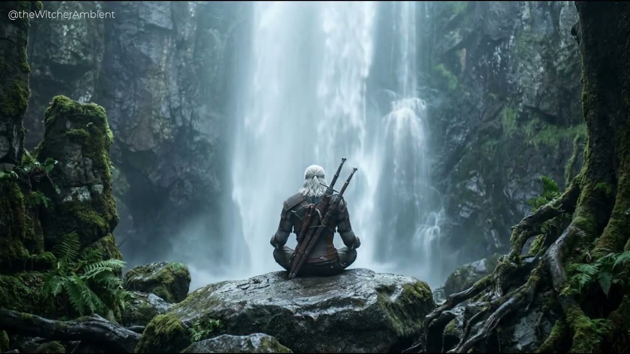 ASMR Waterfall with The Witcher | Ambient Music + White Noise for Focus & Sleep