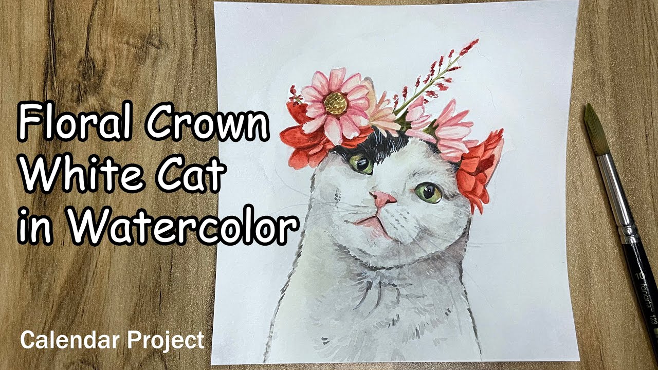 White Cat Watercolor Portrait with Floral Crown | 5-Minute Timelapse | Calendar Art Series