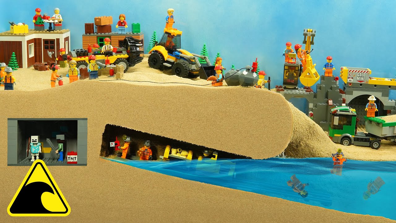Lego Gold Mine Disaster - Tsunami Dam Breach Experiment - Wave Machine VS Lego Miners